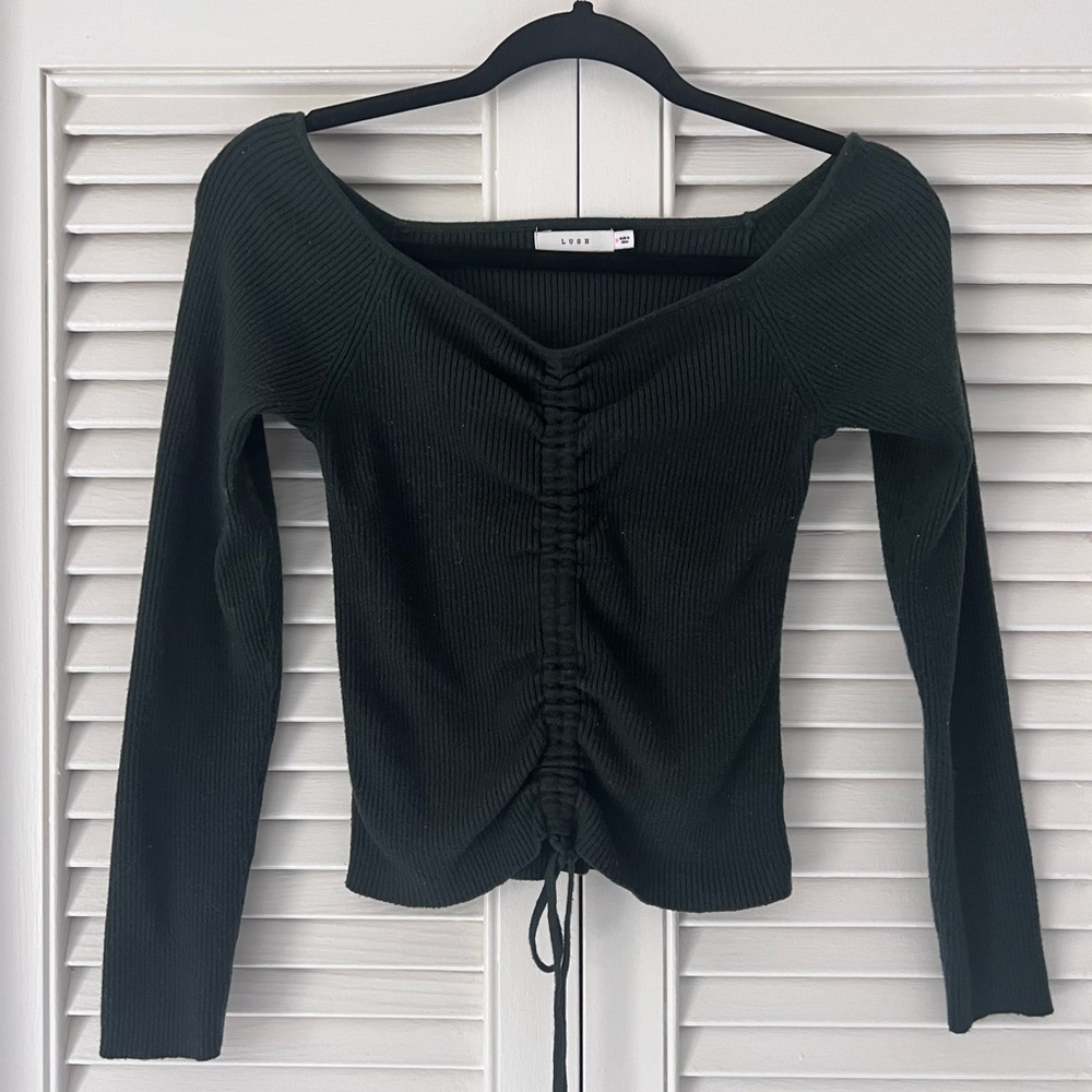 LUSH x Lauren Luyendyk Green Long Sleeve Front Tie Scrunch Sweater - Size M